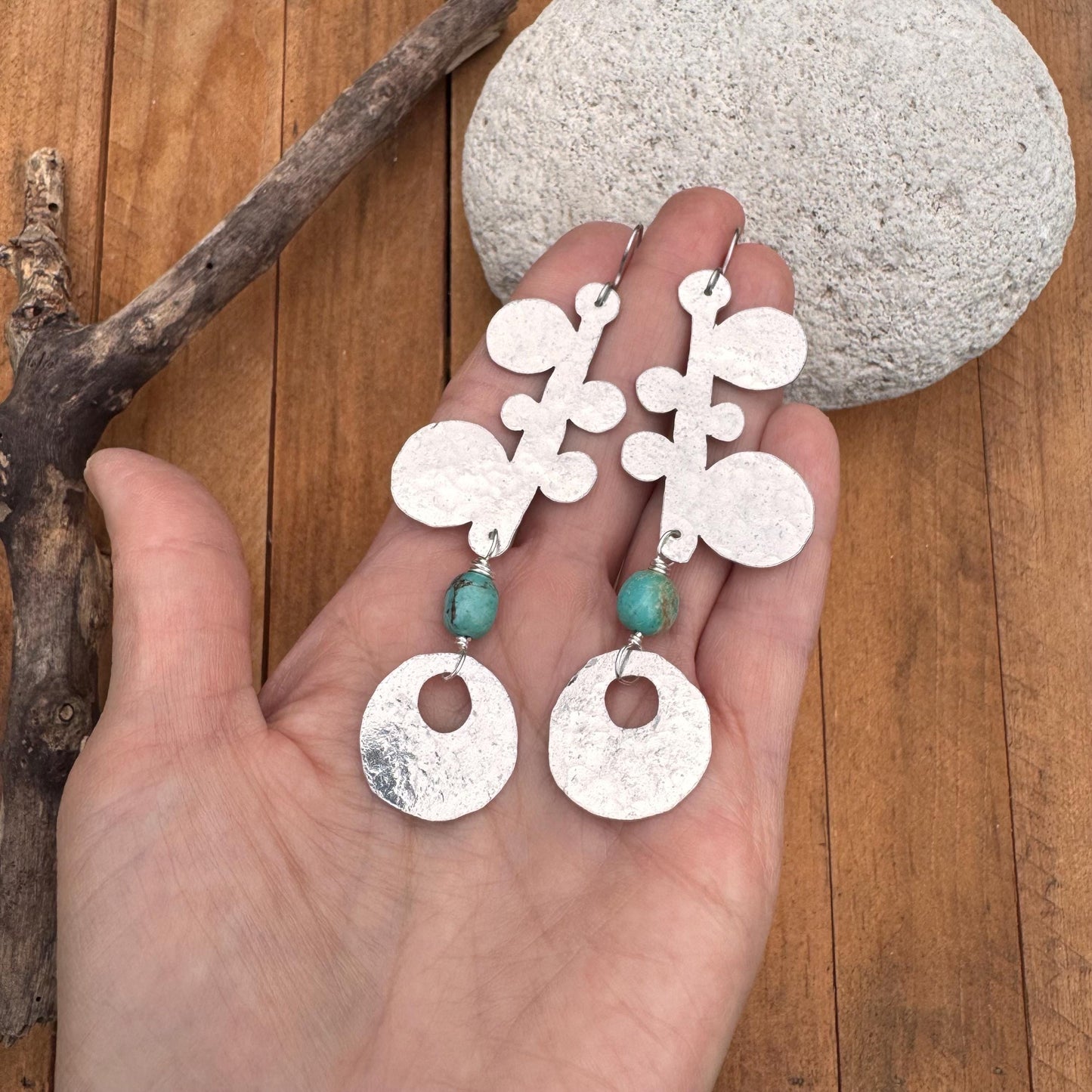 Handmade Turquoise Brass Earrings: Long Dangle Earrings