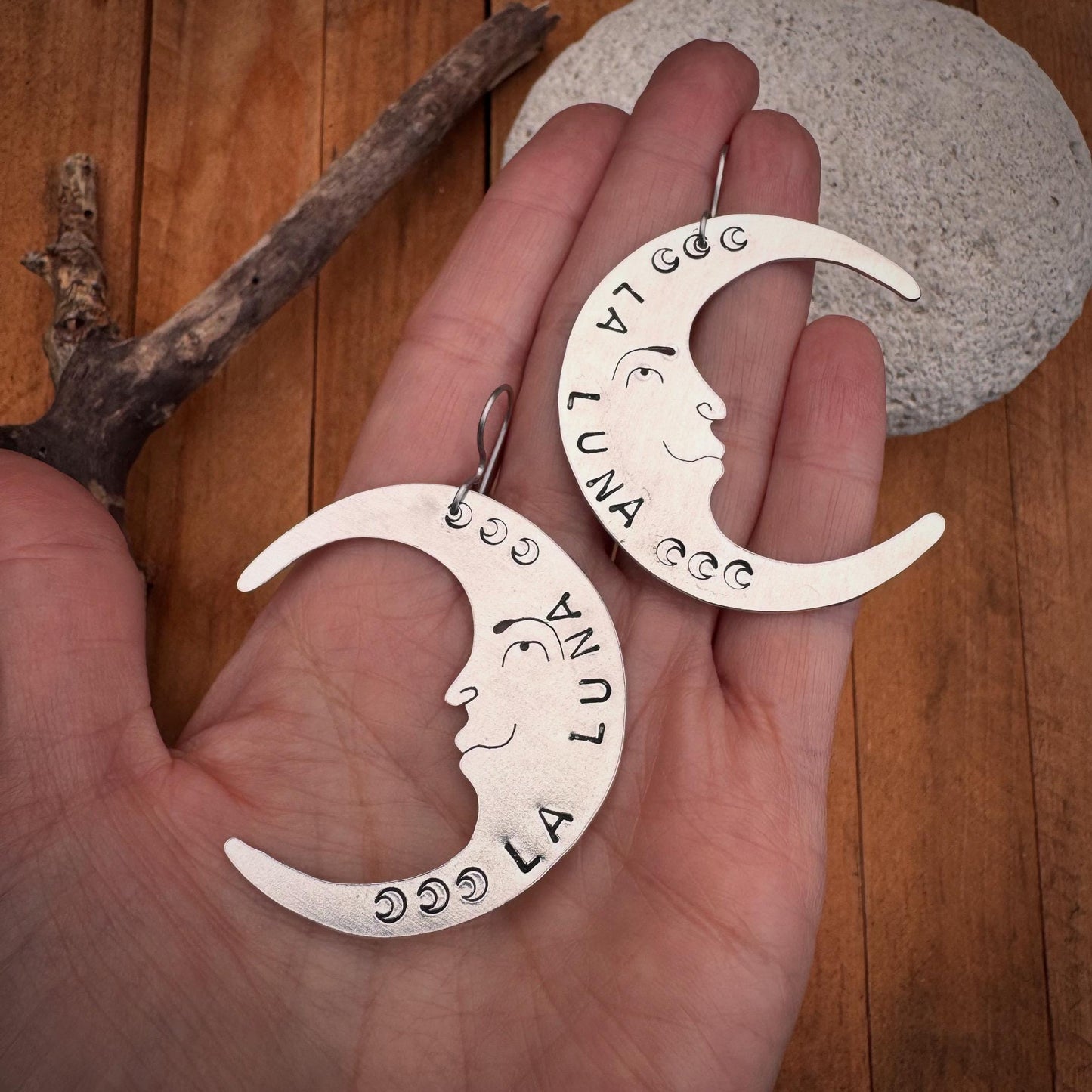 Hand Stamped La Luna Earrings: Crescent Moon Face, Stainless Steel