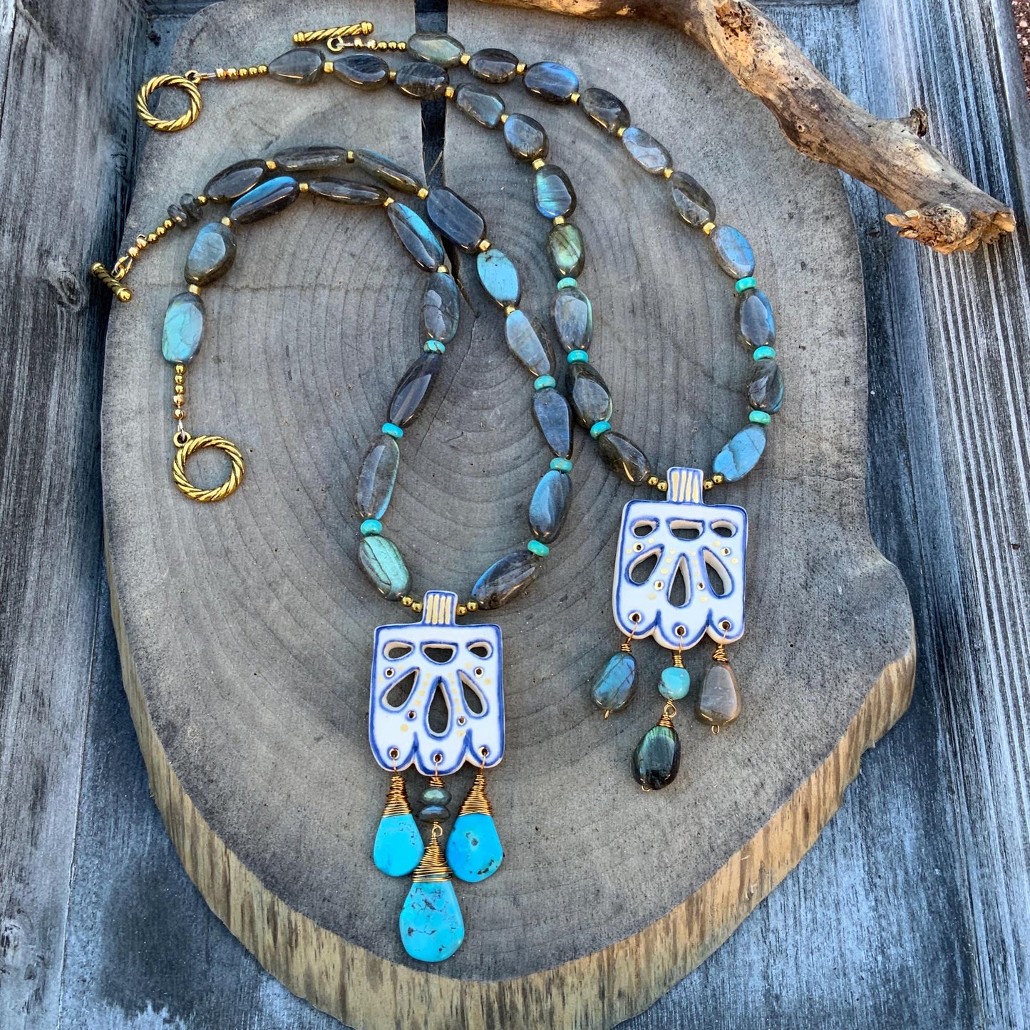 Handmade Ceramic Papel Picado Necklace: Labradorite & Turquoise Fringe