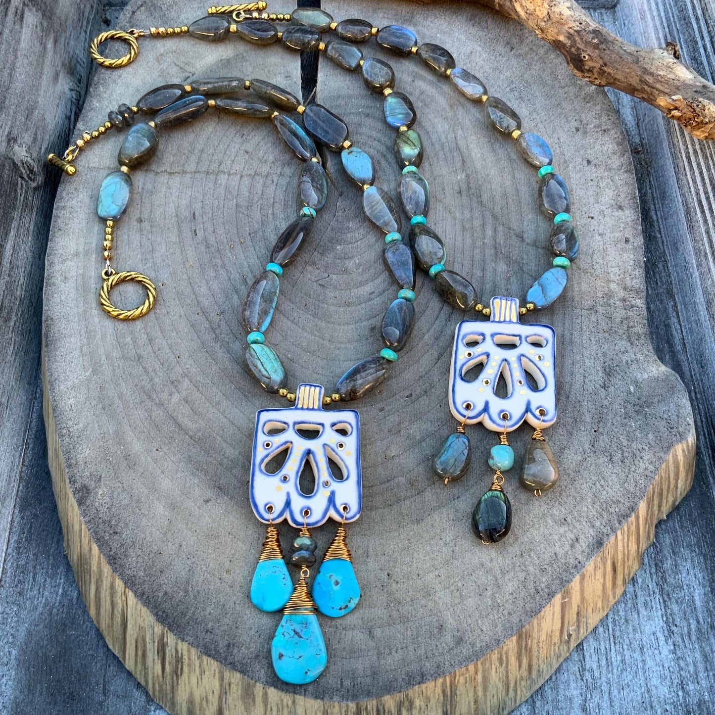 Handmade Ceramic Papel Picado Necklace: Labradorite & Turquoise Fringe