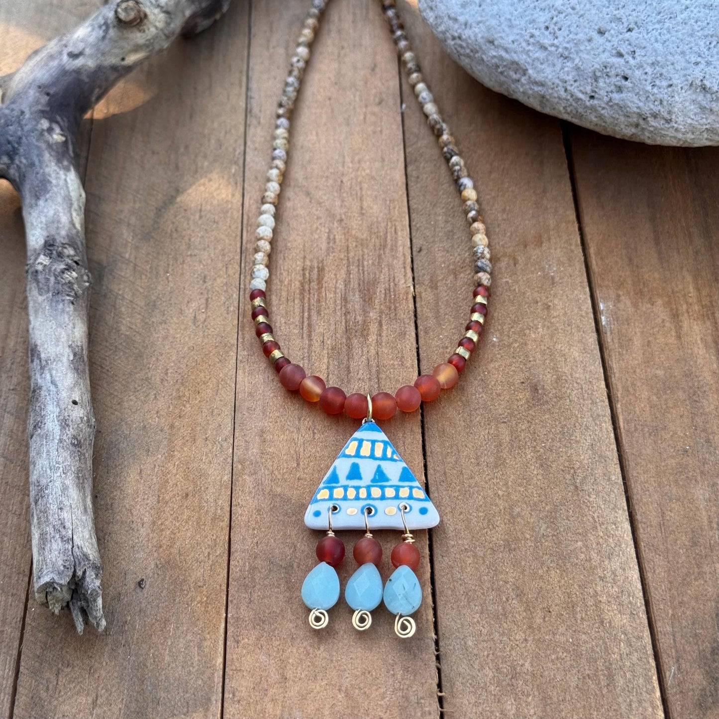 Handmade Tribal Ceramic Bead Necklace: Amazonite & Carnelian
