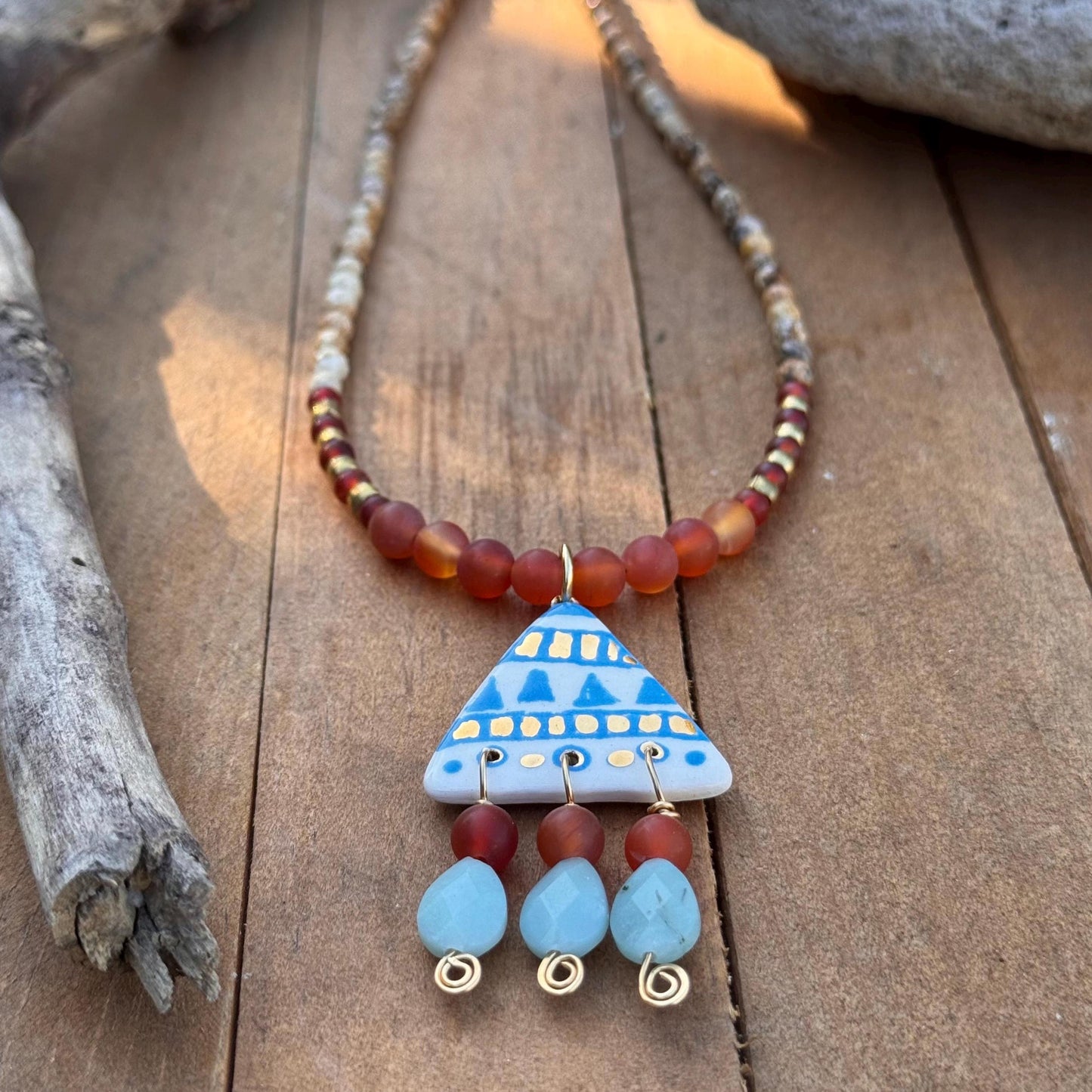 Handmade Tribal Ceramic Bead Necklace: Amazonite & Carnelian