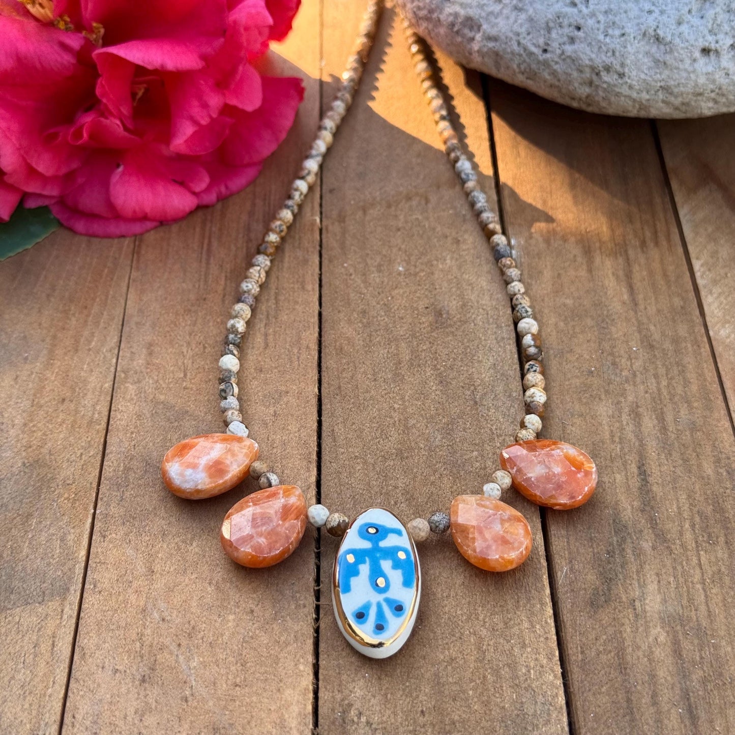 Handmade Ceramic Thunderbird Necklace: Orange Calcite & Picture Jasper