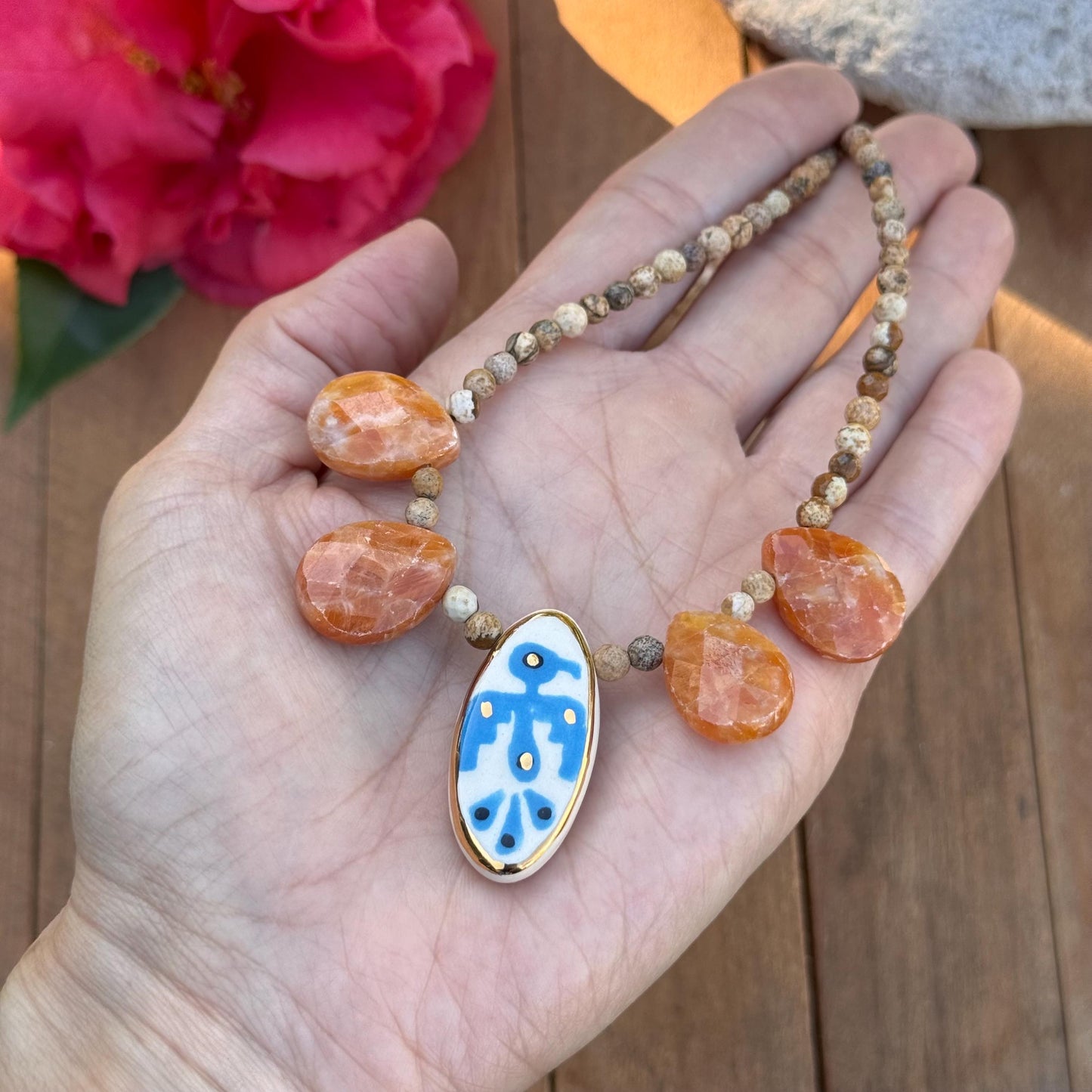 Handmade Ceramic Thunderbird Necklace: Orange Calcite & Picture Jasper