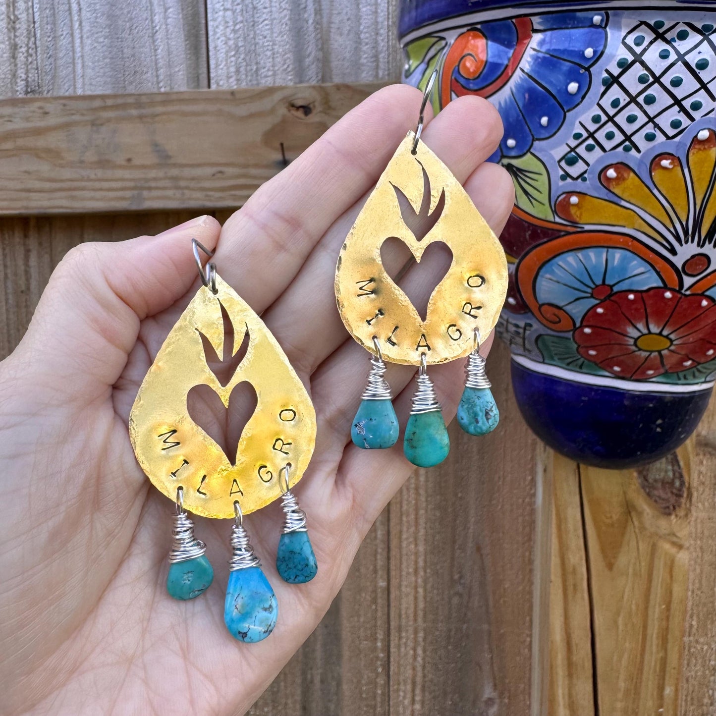 Hand Stamped Brass Milagro Heart Earrings with Genuine Turquoise