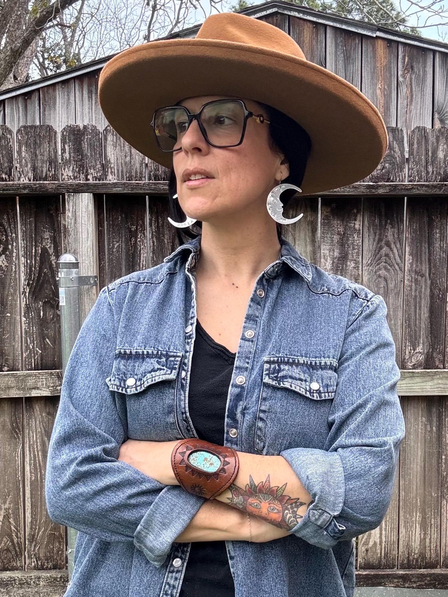 Hand Stamped La Luna Earrings: Crescent Moon Face, Stainless Steel