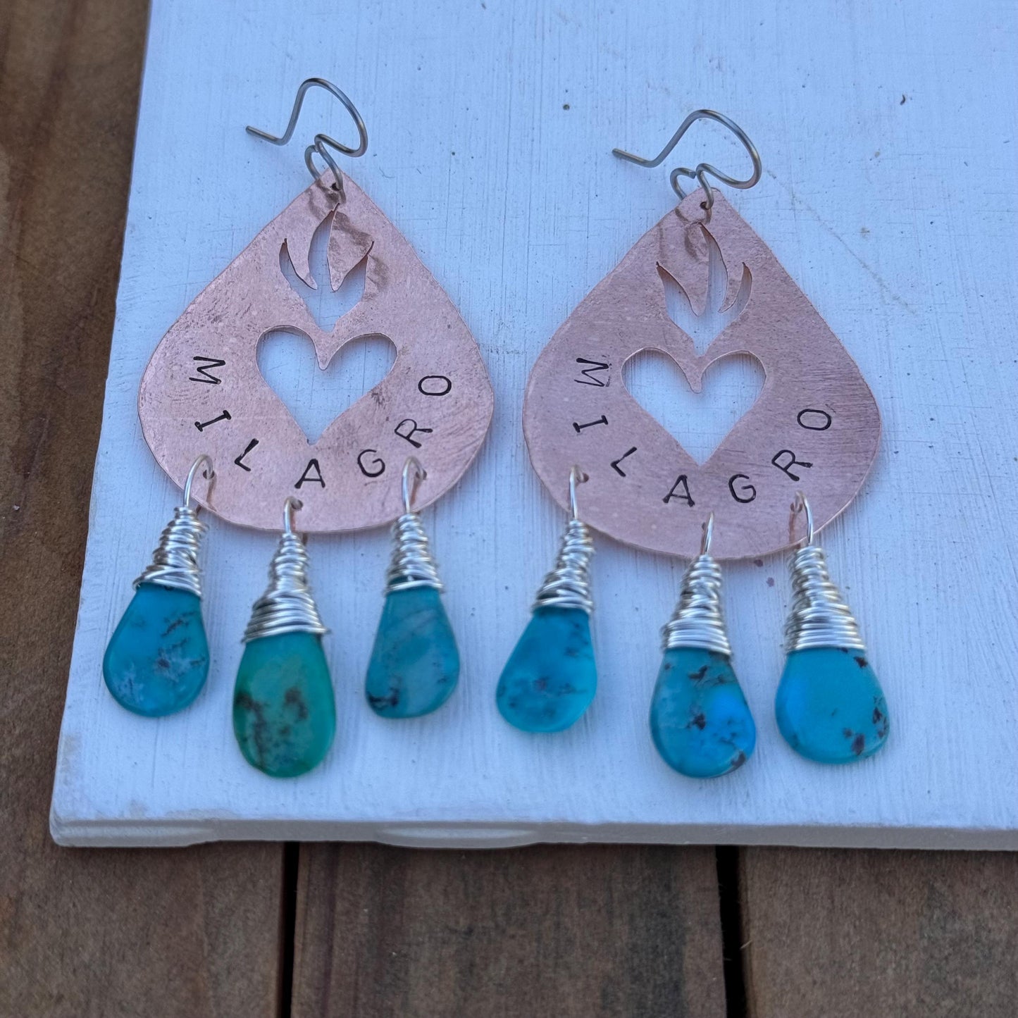 Hand Stamped Brass Milagro Heart Earrings with Genuine Turquoise