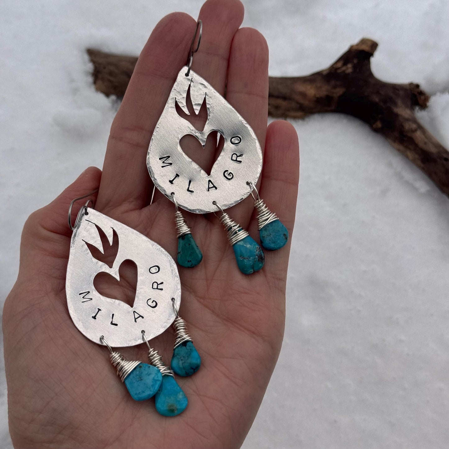 Hand Stamped Brass Milagro Heart Earrings with Genuine Turquoise