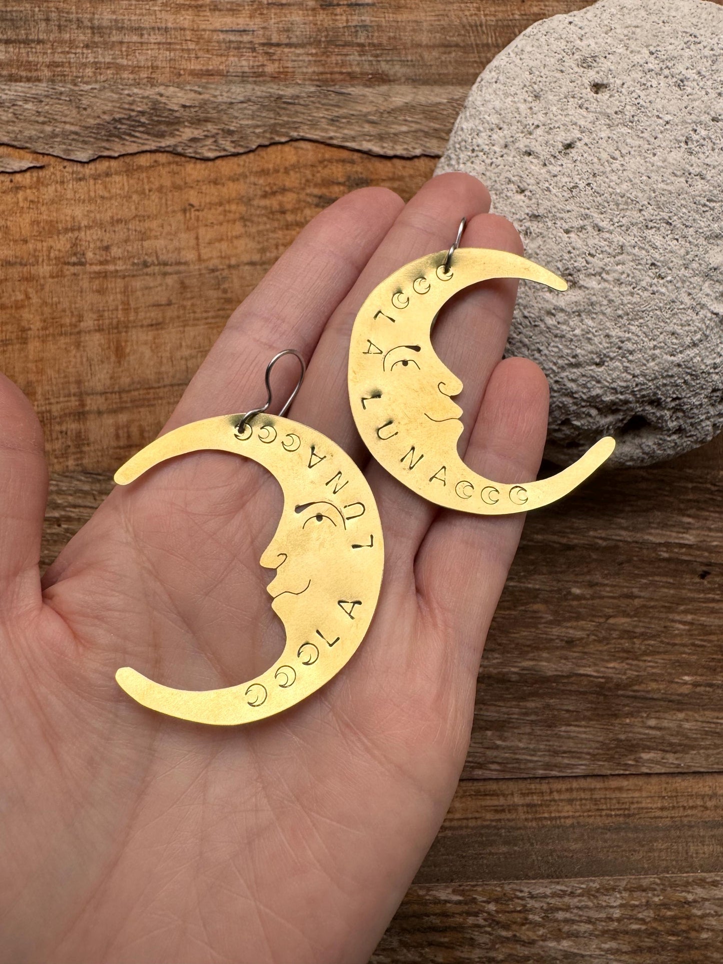 Hand Stamped La Luna Earrings: Crescent Moon Face, Stainless Steel
