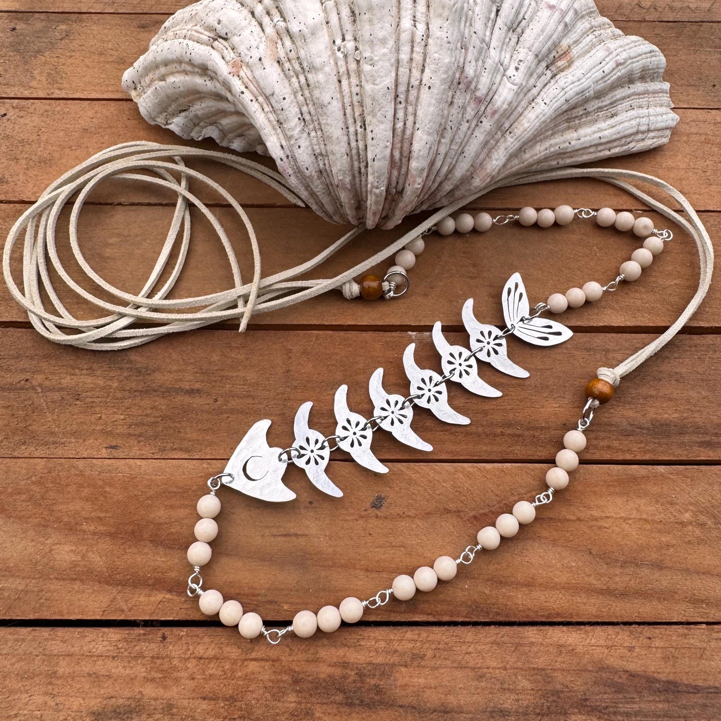 Handmade Fish Skeleton Hat Band: Aluminum, Coral & Wood Beads