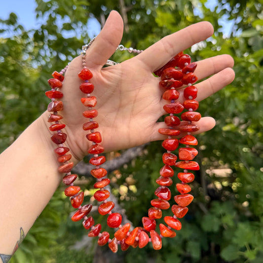 Handmade Orange Chalcedony Nugget Necklace: Silver Accents, 18 inch