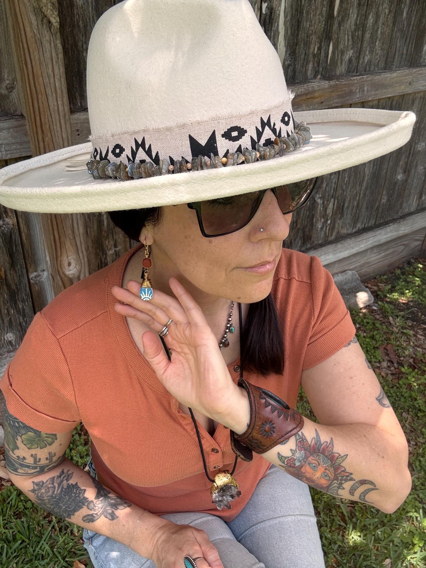 Ceramic Sol Azul and Matte Red Japer earrings, wire wrapped southwestern style earrings