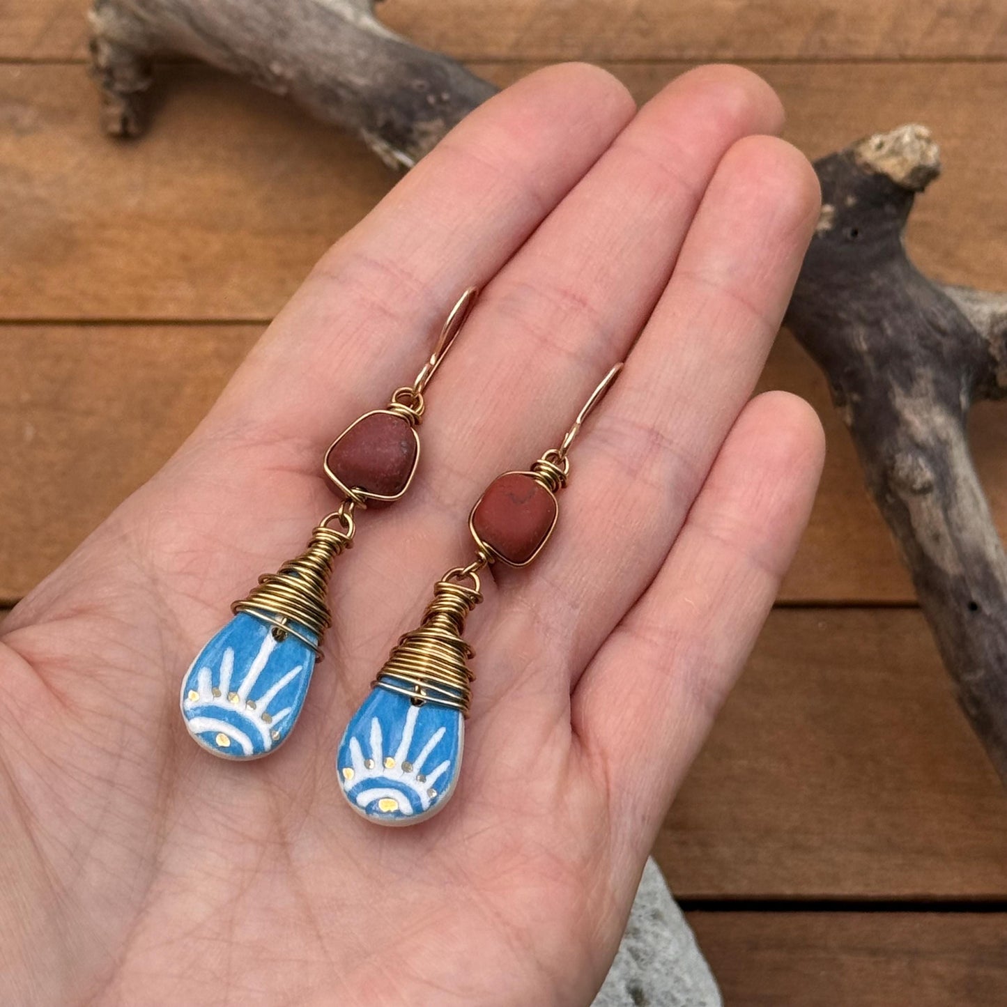 Ceramic Sol Azul and Matte Red Japer earrings, wire wrapped southwestern style earrings
