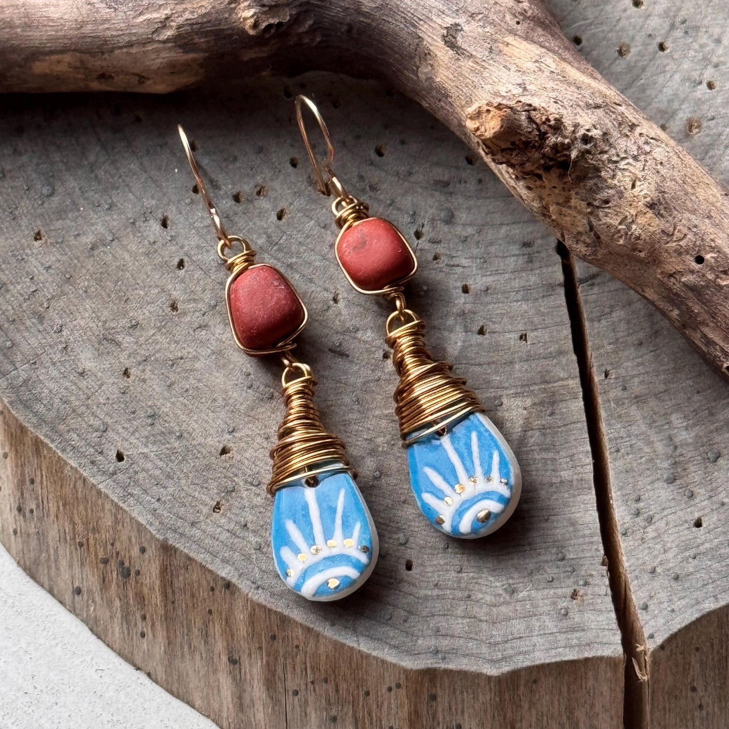 Ceramic Sol Azul and Matte Red Japer earrings, wire wrapped southwestern style earrings