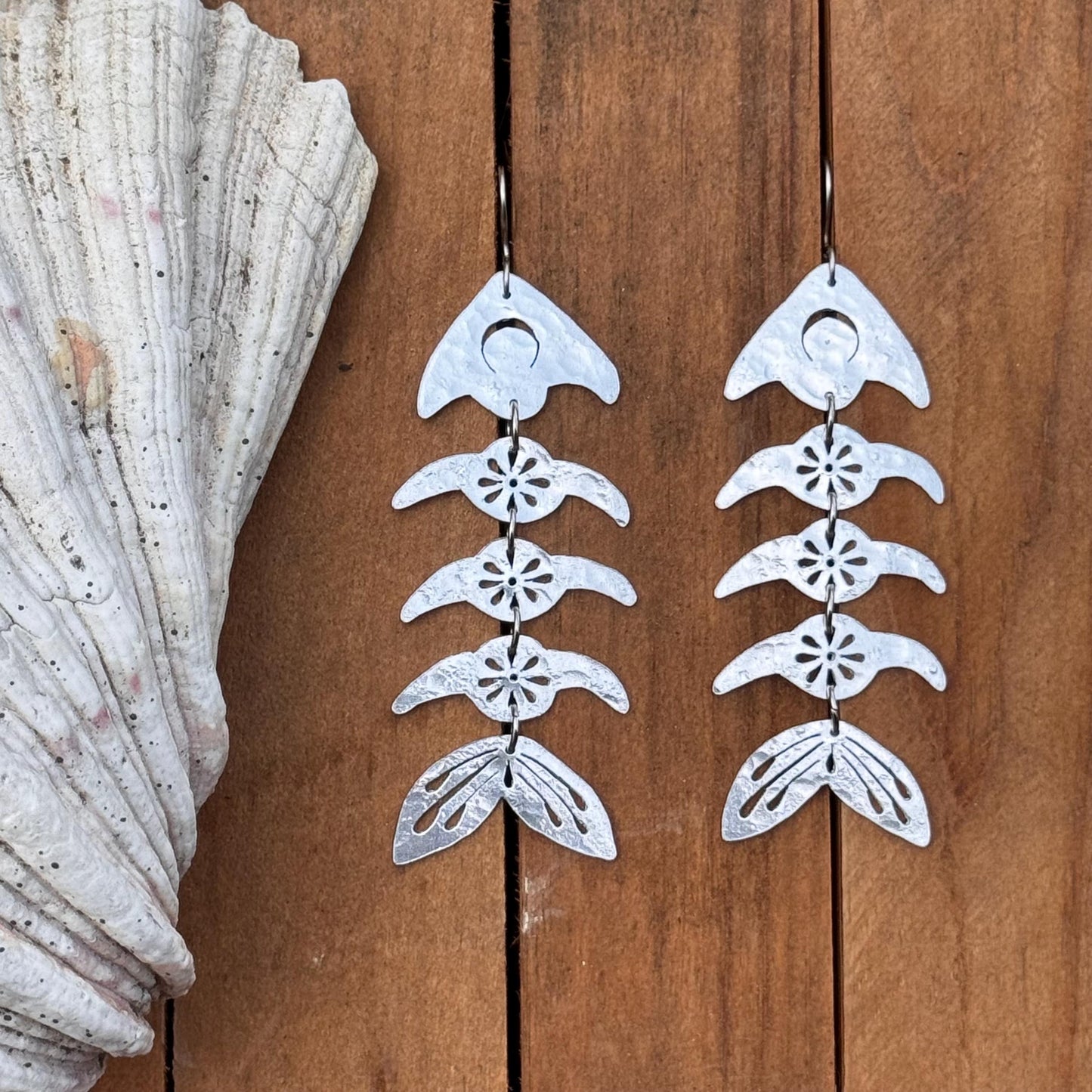 Handmade Fish Bone Earrings: Sawn Aluminum, Brass, or Copper