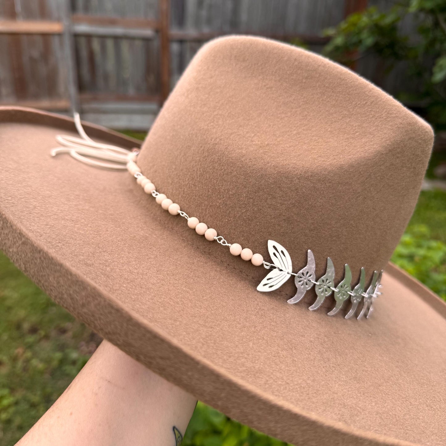 Handmade Fish Skeleton Hat Band: Aluminum, Coral & Wood Beads