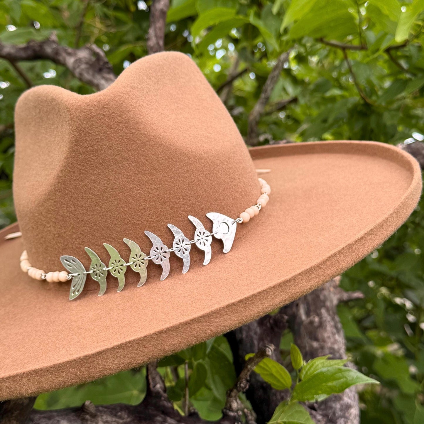 Handmade Fish Skeleton Hat Band: Aluminum, Coral & Wood Beads