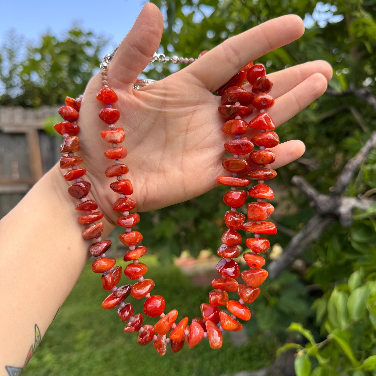 Handmade Orange Chalcedony Nugget Necklace: Silver Accents, 18 inch