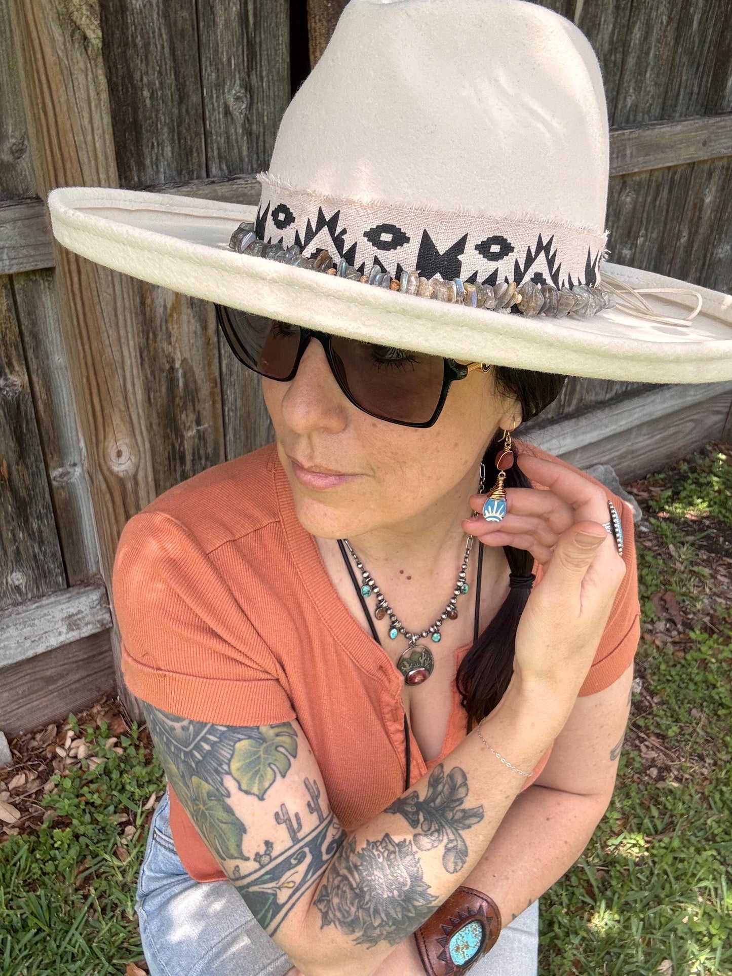 Ceramic Sol Azul and Matte Red Japer earrings, wire wrapped southwestern style earrings