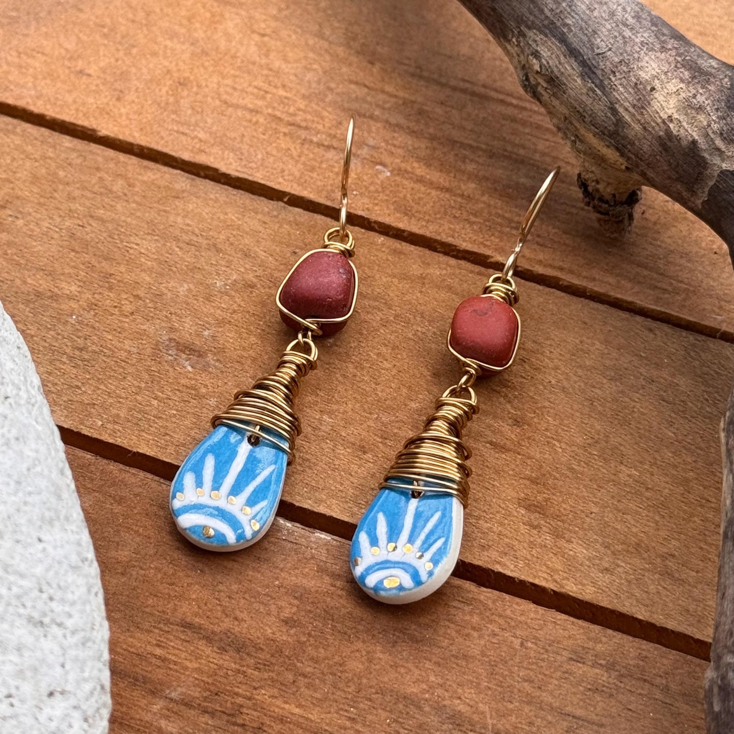Ceramic Sol Azul and Matte Red Japer earrings, wire wrapped southwestern style earrings
