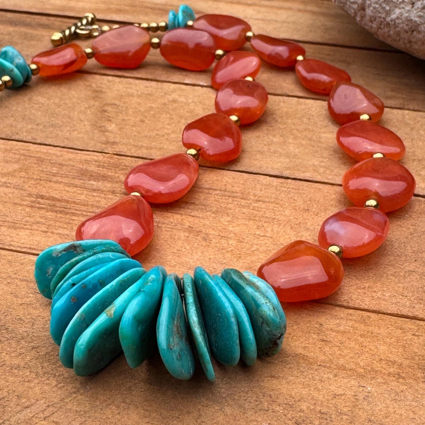 Genuine turquoise cluster and orange chalcedony necklace