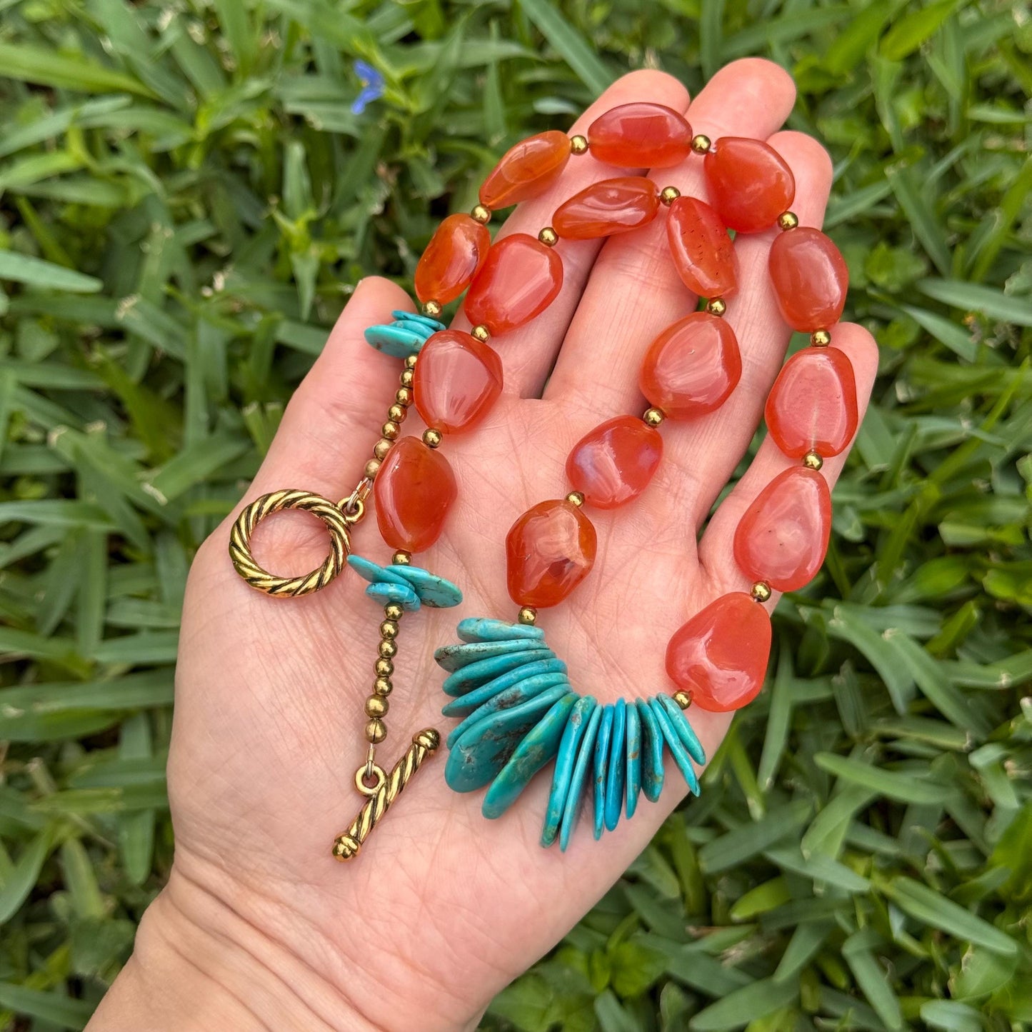 Genuine turquoise cluster and orange chalcedony necklace