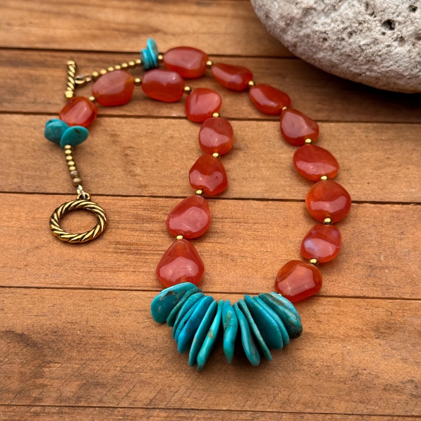 Genuine turquoise cluster and orange chalcedony necklace