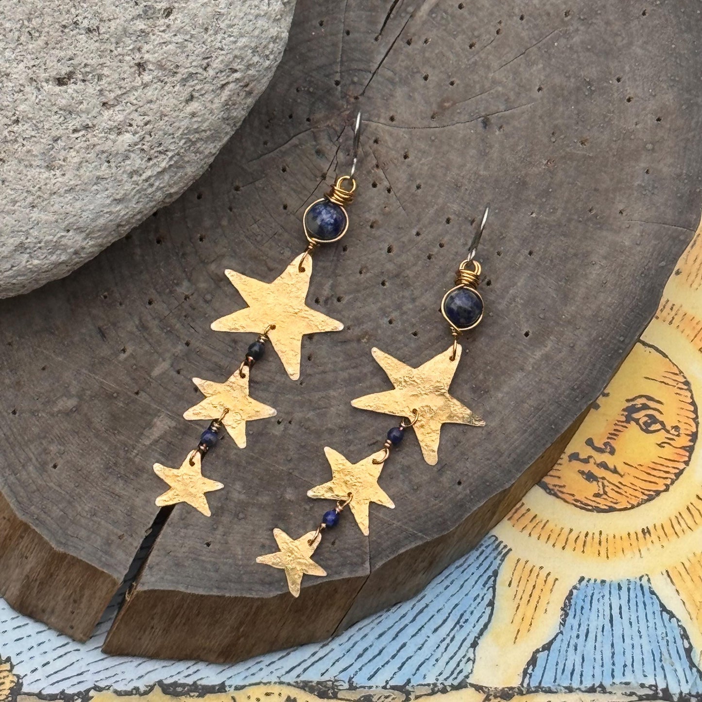 Hammered Brass Star and Lapis Earrings: Long Duster, Handmade