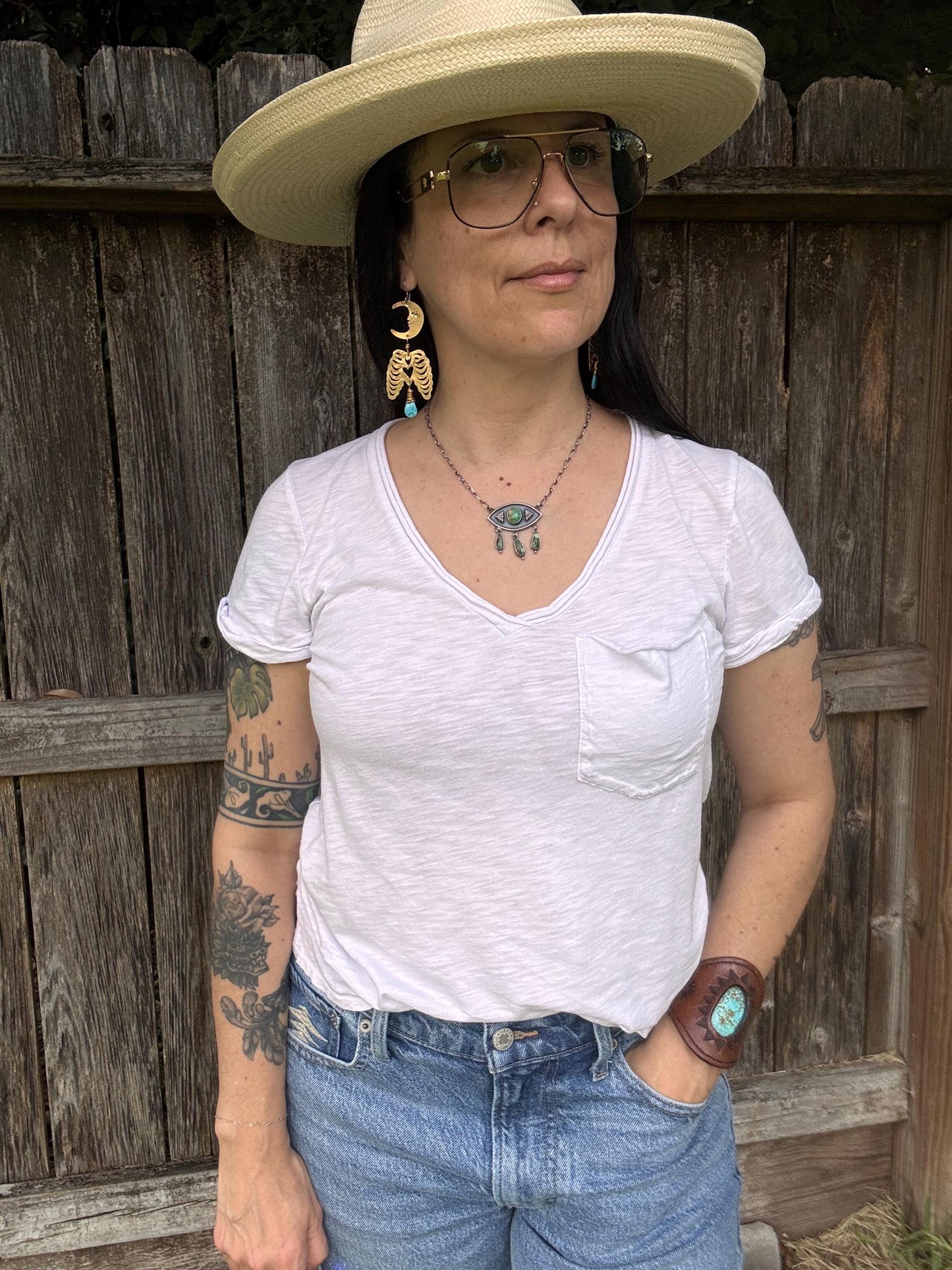 Hammered Brass Crescent Moon Rib Cage Earrings: Turquoise Ex-Voto Luna