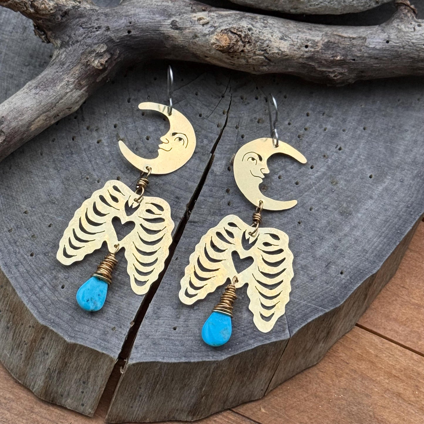 Hammered Brass Crescent Moon Rib Cage Earrings: Turquoise Ex-Voto Luna