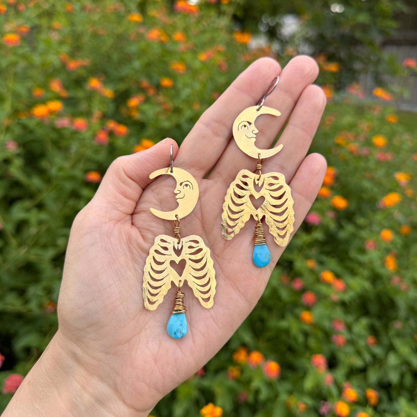 Hammered Brass Crescent Moon Rib Cage Earrings: Turquoise Ex-Voto Luna