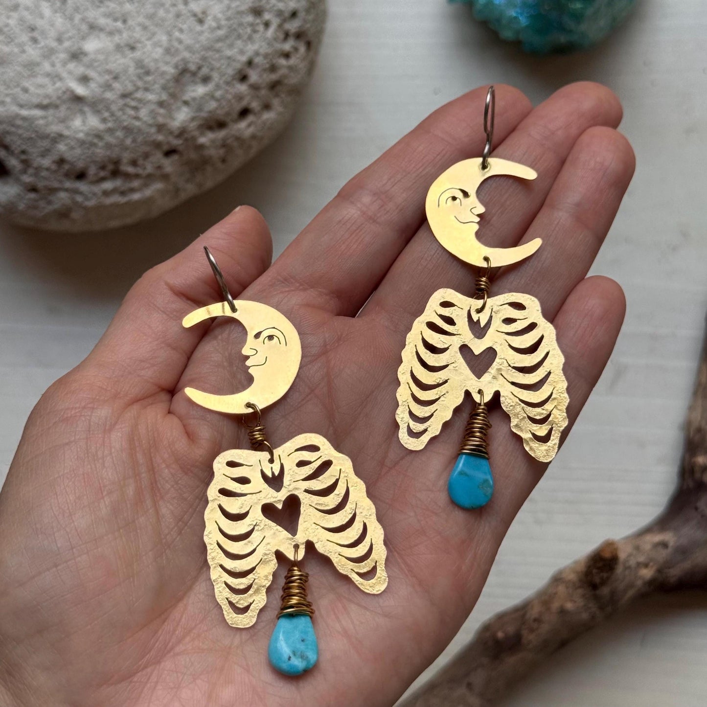 Hammered Brass Crescent Moon Rib Cage Earrings: Turquoise Ex-Voto Luna