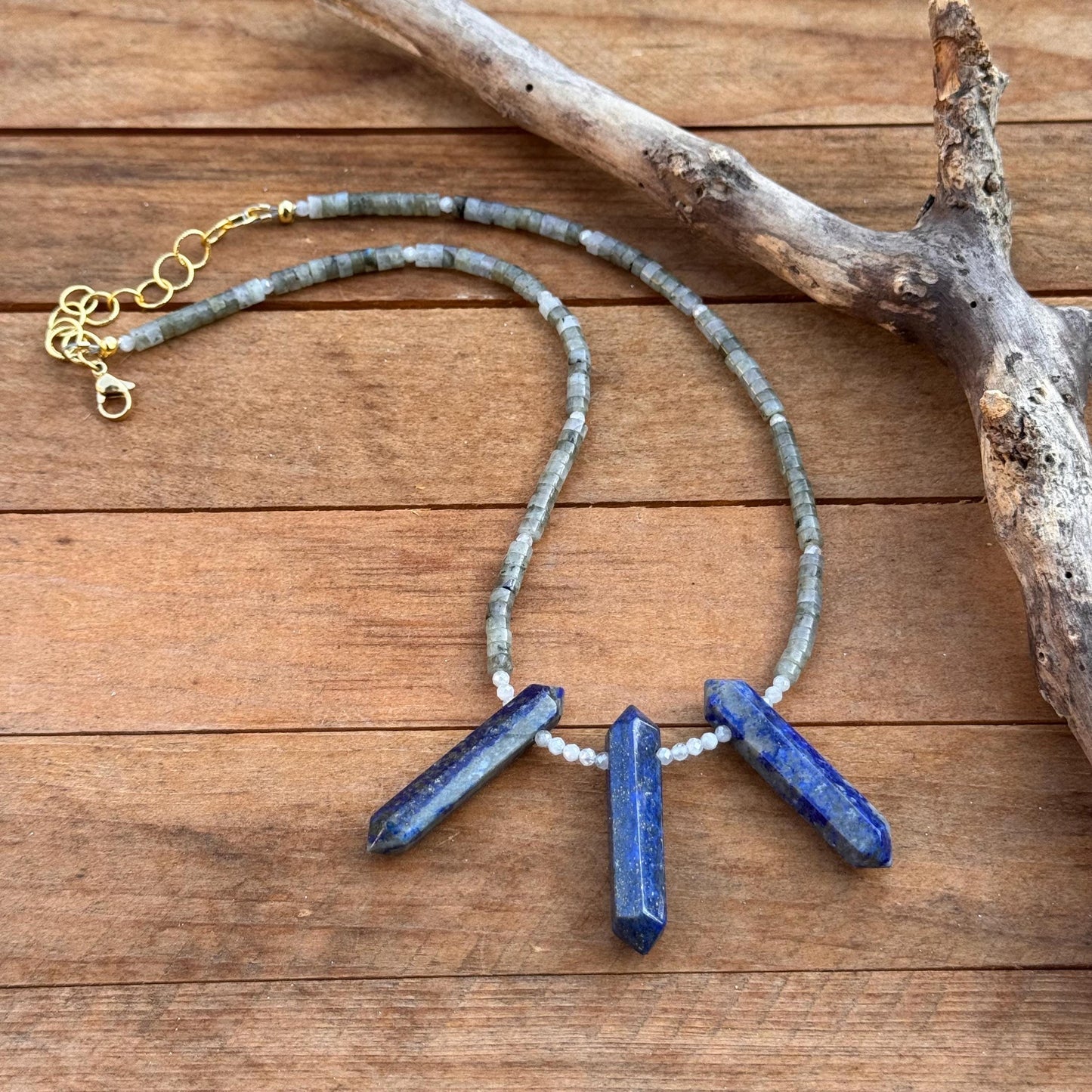 Lapis Lazuli & Labradorite Beaded Necklace: Moonstone Accents