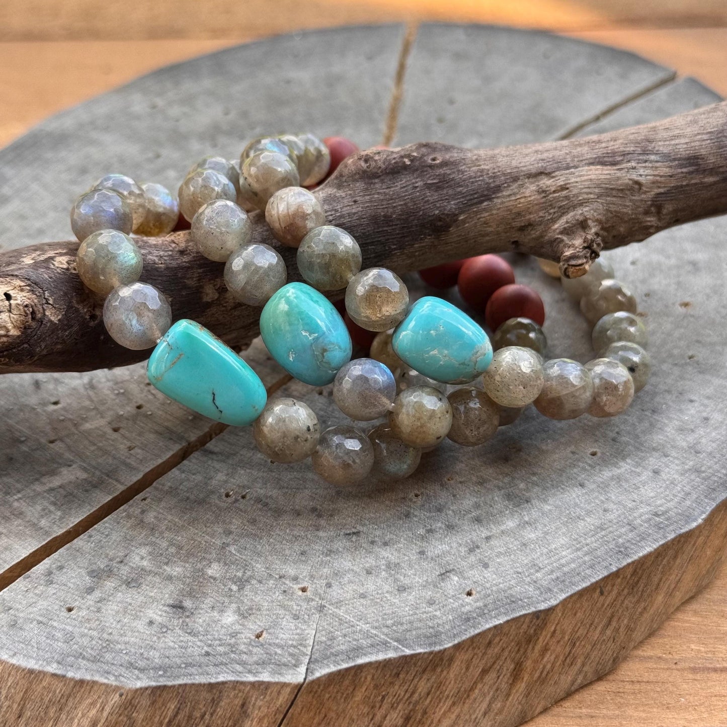 Labradorite & Turquoise Stretch Bracelet: Red Jasper Accents