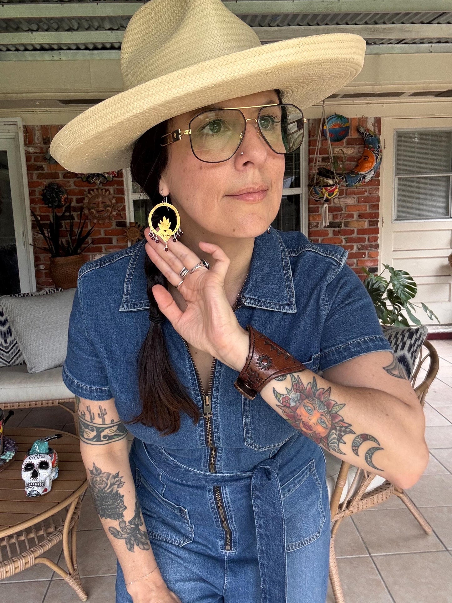 Brass Flaming Heart Garnet Earrings: Mixed Metal Sacred Heart