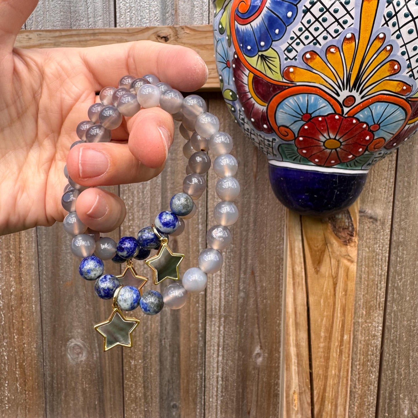 Lapis & Grey Agate Stretch Bracelet: Abalone Star Charm