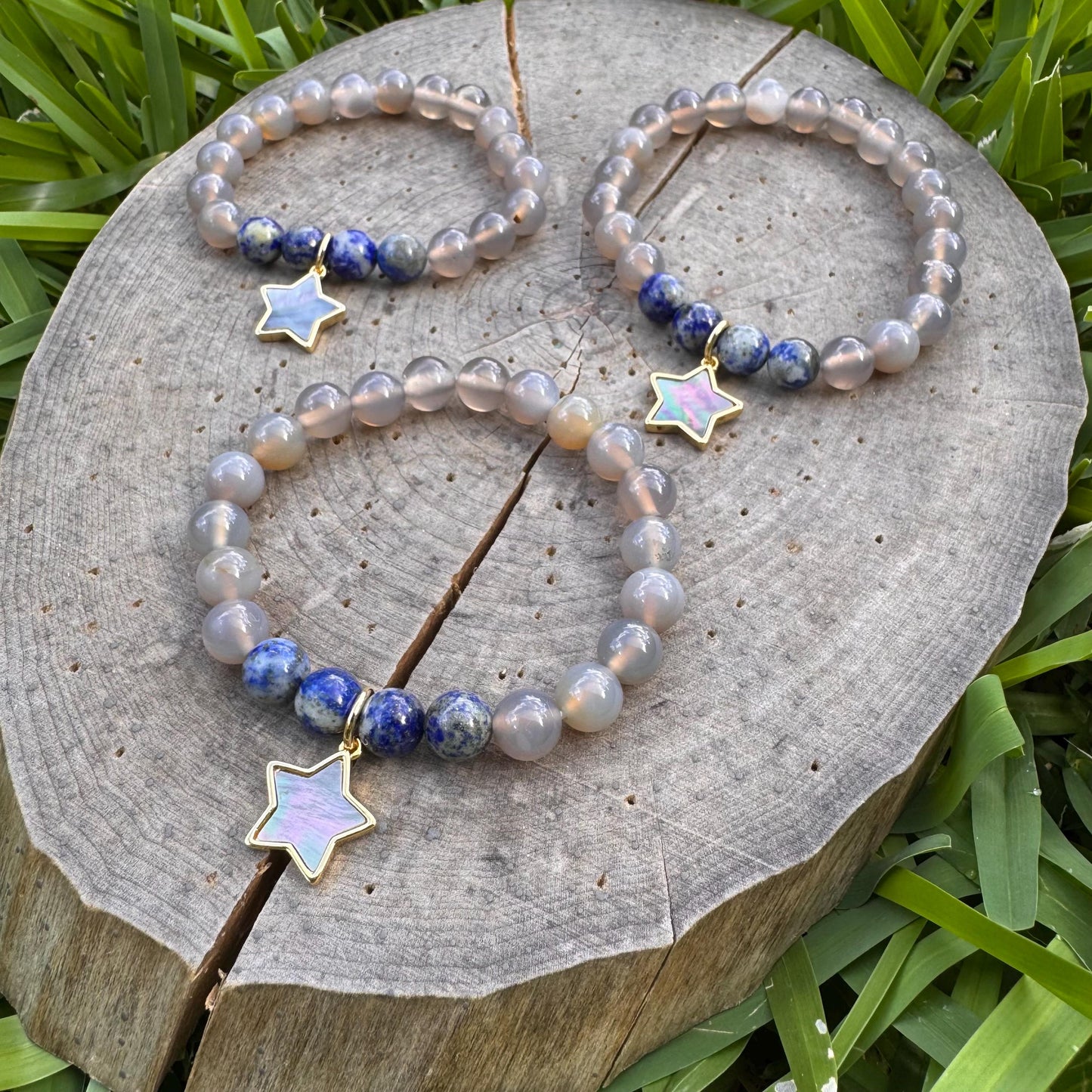 Lapis & Grey Agate Stretch Bracelet: Abalone Star Charm