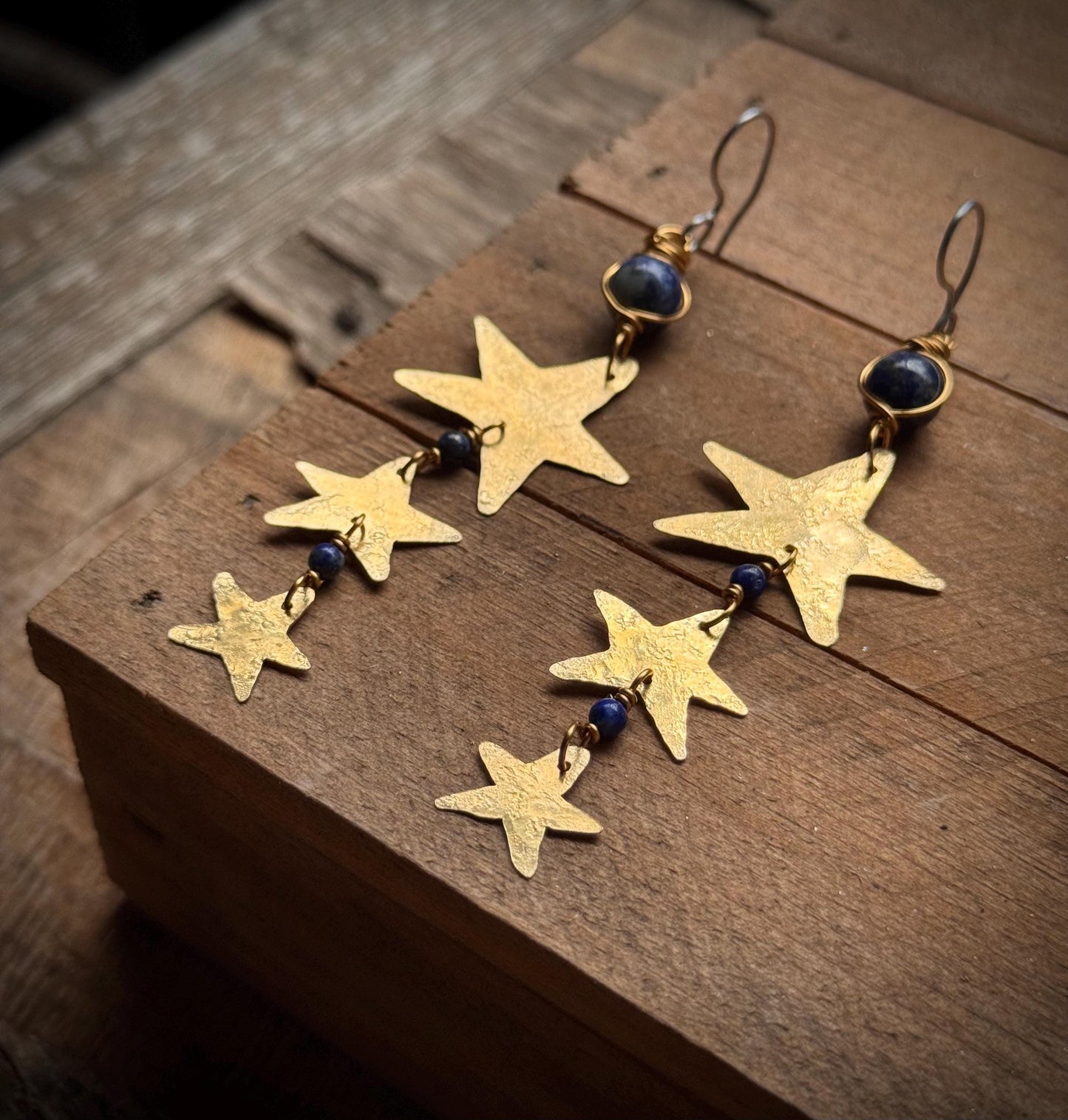 Hammered Brass Star and Lapis Earrings: Long Duster, Handmade
