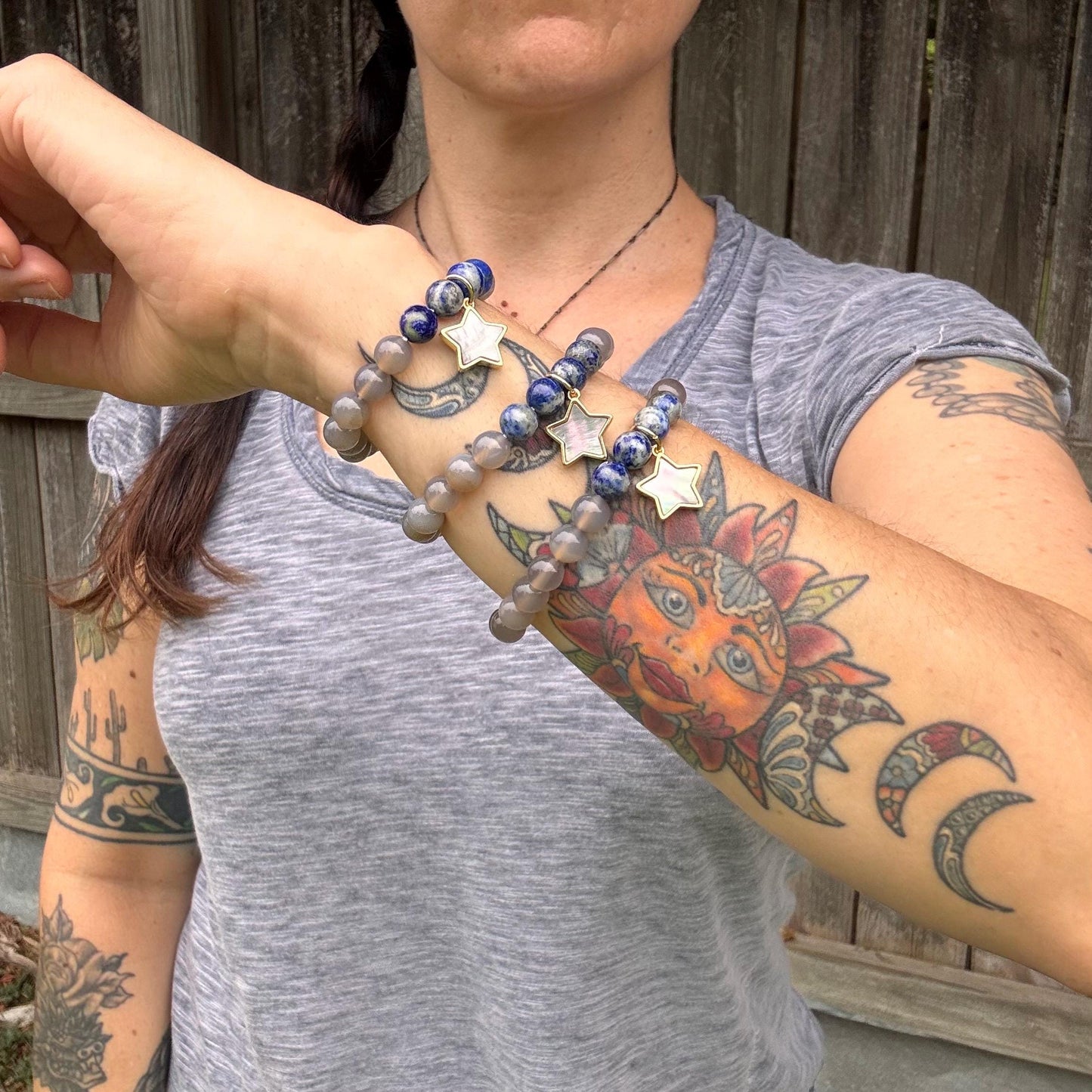 Lapis & Grey Agate Stretch Bracelet: Abalone Star Charm