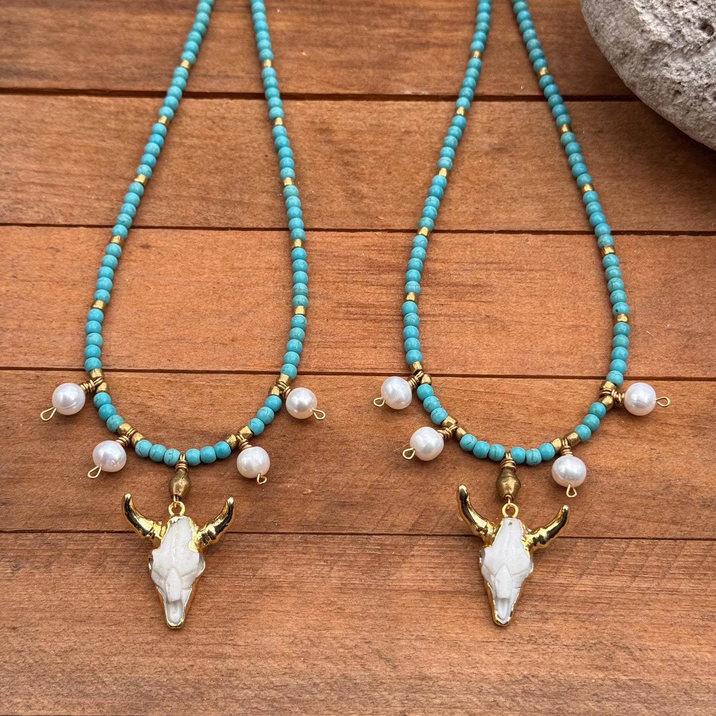 Pearl Cowgirl Necklace: Gold Cow Skull Charm, Magnesite Beads