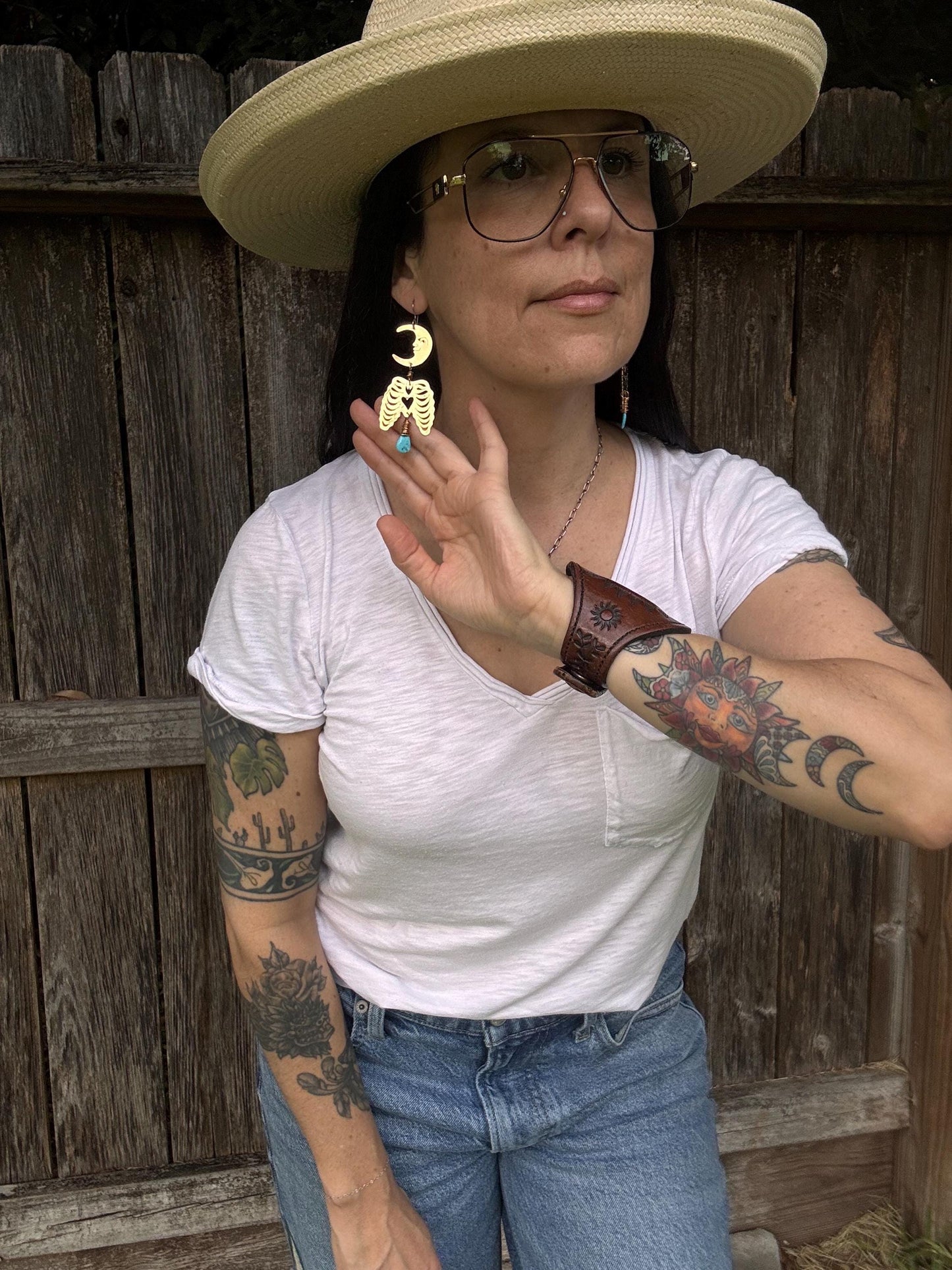 Hammered Brass Crescent Moon Rib Cage Earrings: Turquoise Ex-Voto Luna