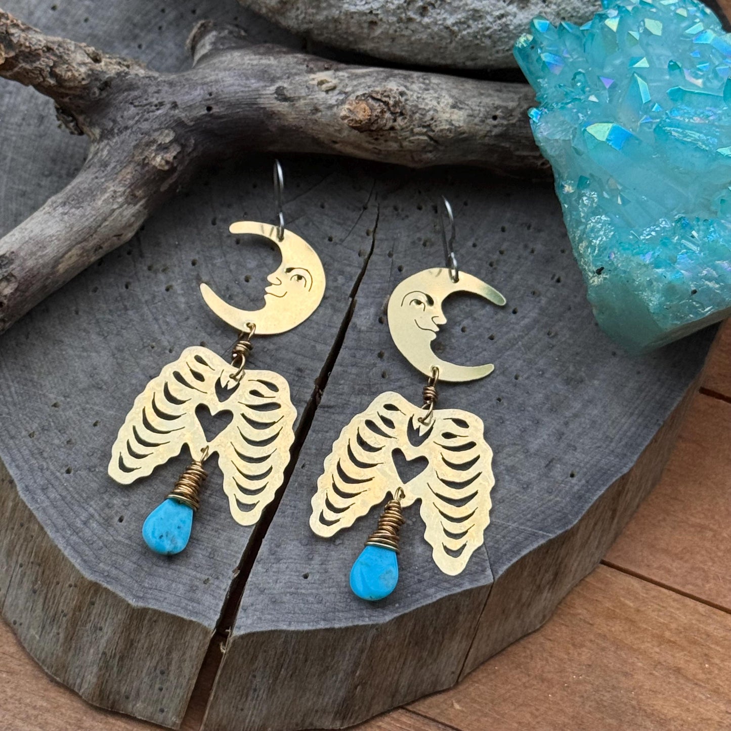 Hammered Brass Crescent Moon Rib Cage Earrings: Turquoise Ex-Voto Luna