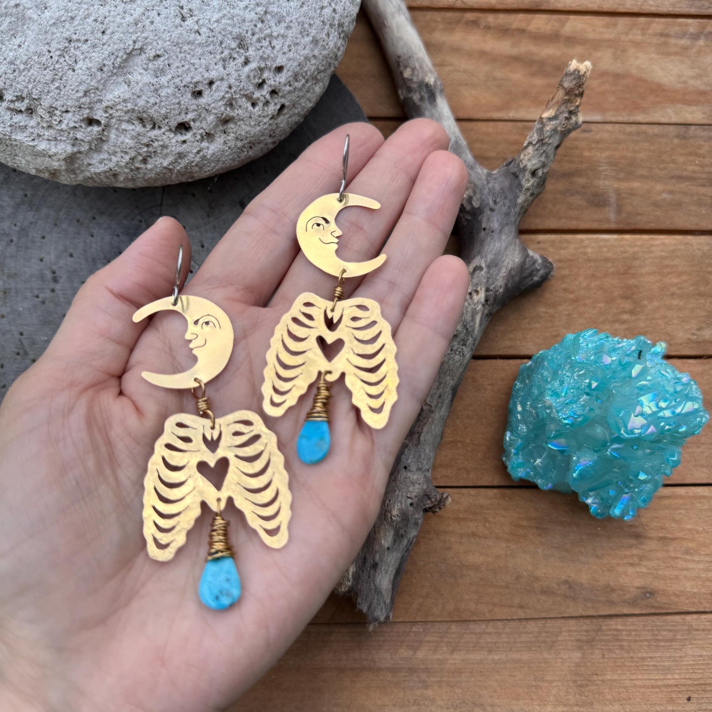 Hammered Brass Crescent Moon Rib Cage Earrings: Turquoise Ex-Voto Luna