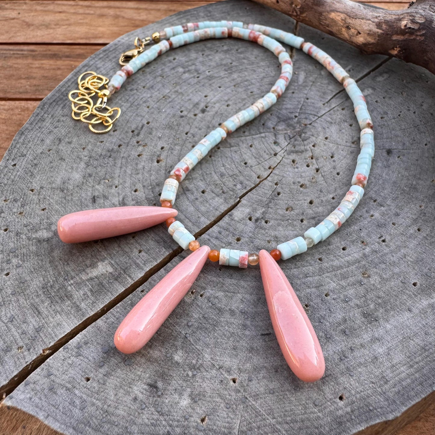 Pink Opal & Aquaterra Jasper Beaded Necklace - Gold Accents