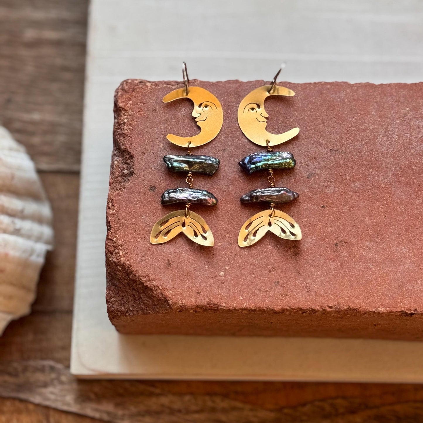 Brass Lunar Pearl Rib Tide Earrings: Biwa Pearl mermaid Luna