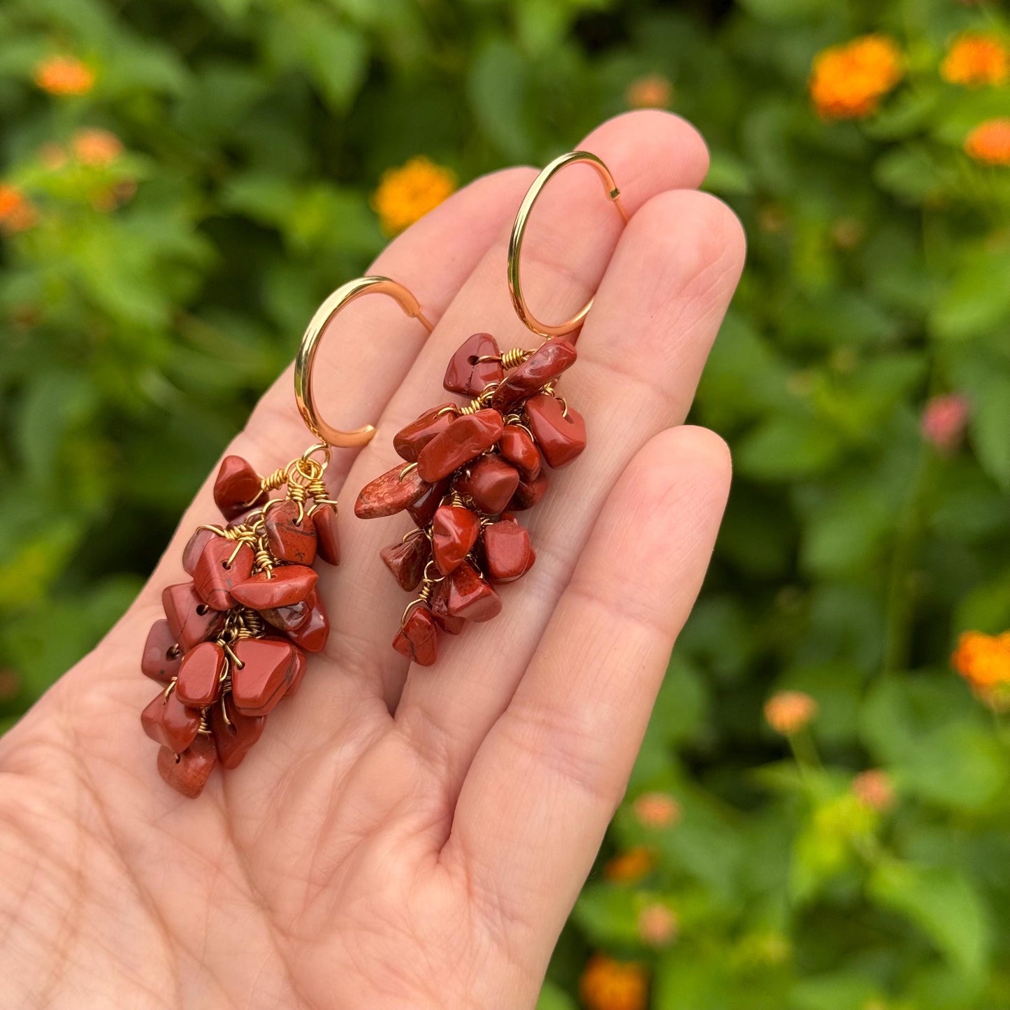 Red Jasper cluster Hoop Earrings: Handmade Ristra dangles