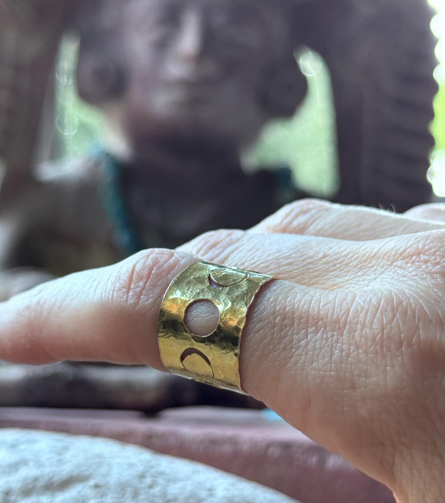 Adjustable Hammered Brass moon phase cuff Ring: Handmade celestial Wide Band