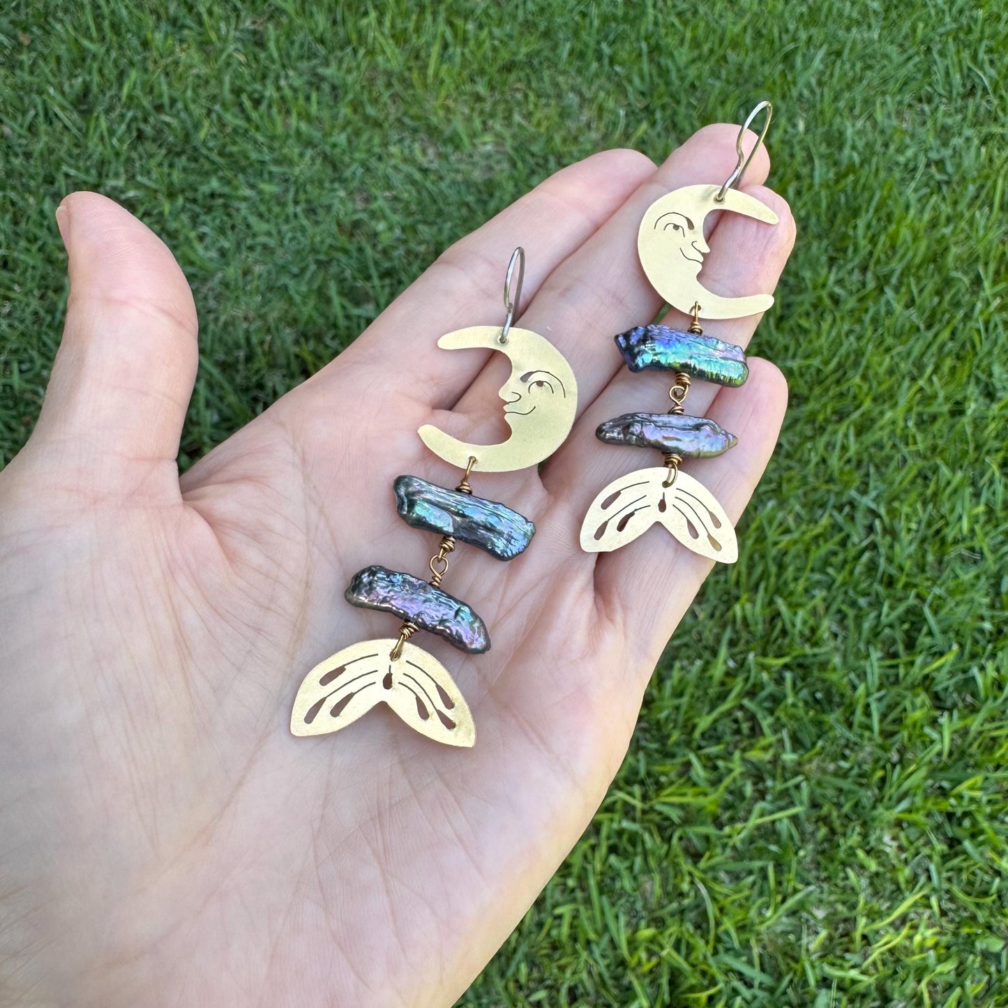 Brass Lunar Pearl Rib Tide Earrings: Biwa Pearl mermaid Luna