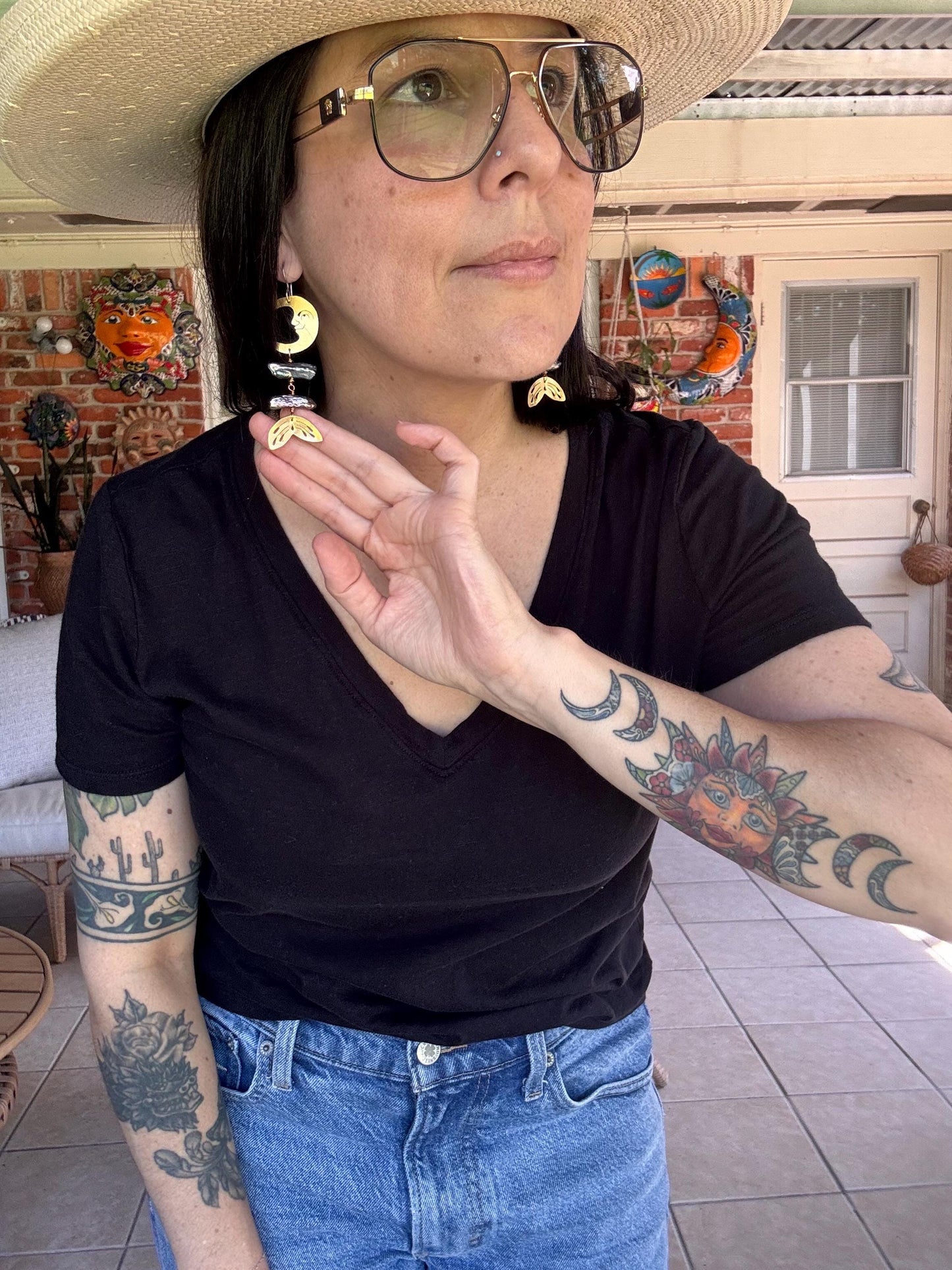 Brass Lunar Pearl Rib Tide Earrings: Biwa Pearl mermaid Luna