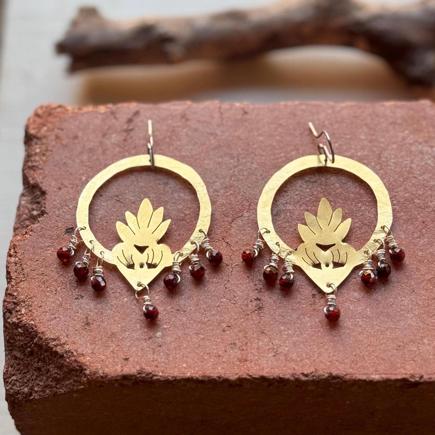 Brass Flaming Heart Garnet Earrings: Mixed Metal Sacred Heart